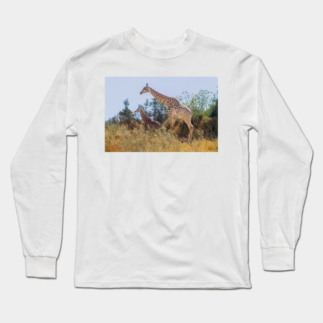 Mom and baby giraffe in Botswana, Africa Long Sleeve T-Shirt by SafariByMarisa